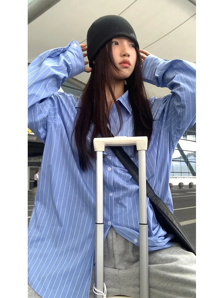 Blue Striped Long Sleeve Shirt Women's Lazy Style Commute Korean Version Straight Cut Cotton Blend HRG Style Red Celebrity Shop