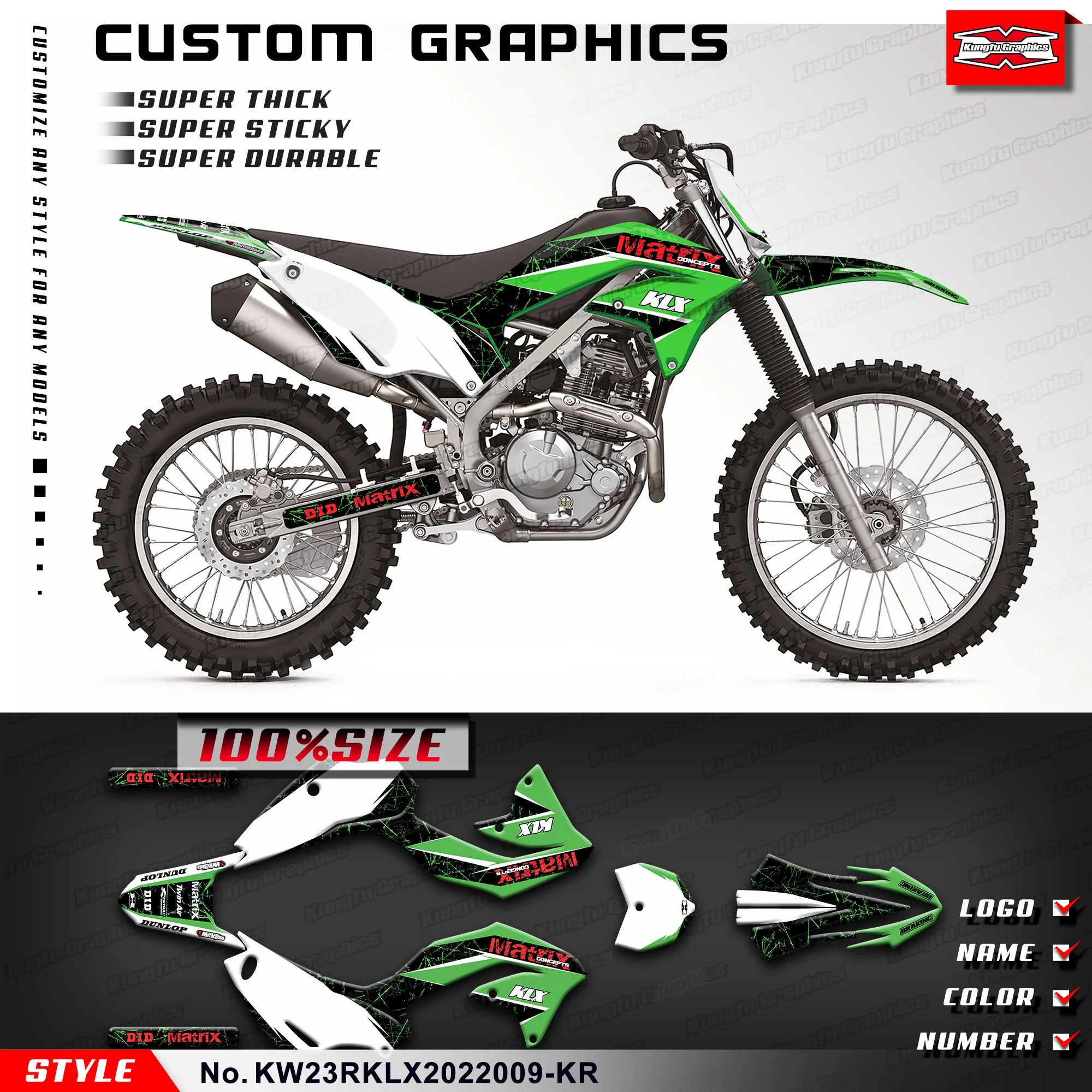 

KUNGFU GRAPHICS Vinyl Sticker Laminated Decals for Kawasaki KLX230R KLX230RS 2020 2021 2022 2023 2024, KW23RKLX2022009-KR