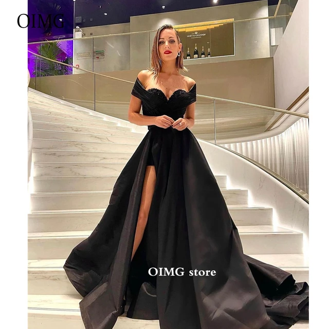 OIMG Robe de Soiree Longue en Satin pour Femme Arabe Tenue de Bal Sexy a Fente Haute avec Lacets dans le Dos de Couleur Noire AliExpress