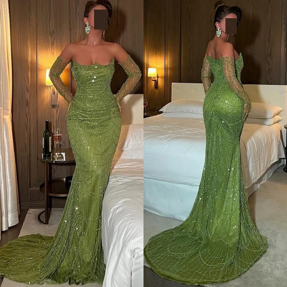 

Customized Exquisite Strapless Sequined Evening Dress Classic Court Train Cocktail Dress Fashion Mermaid Special Occasion Gowns
