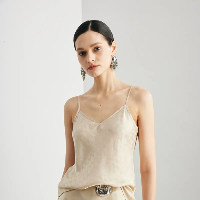 Birdtree,100%  Silk Camisole,Women Sangbo Satin Sling Tank Tops,Jacquard V-neck Tops,2025 New Casual Vest T5D807JF