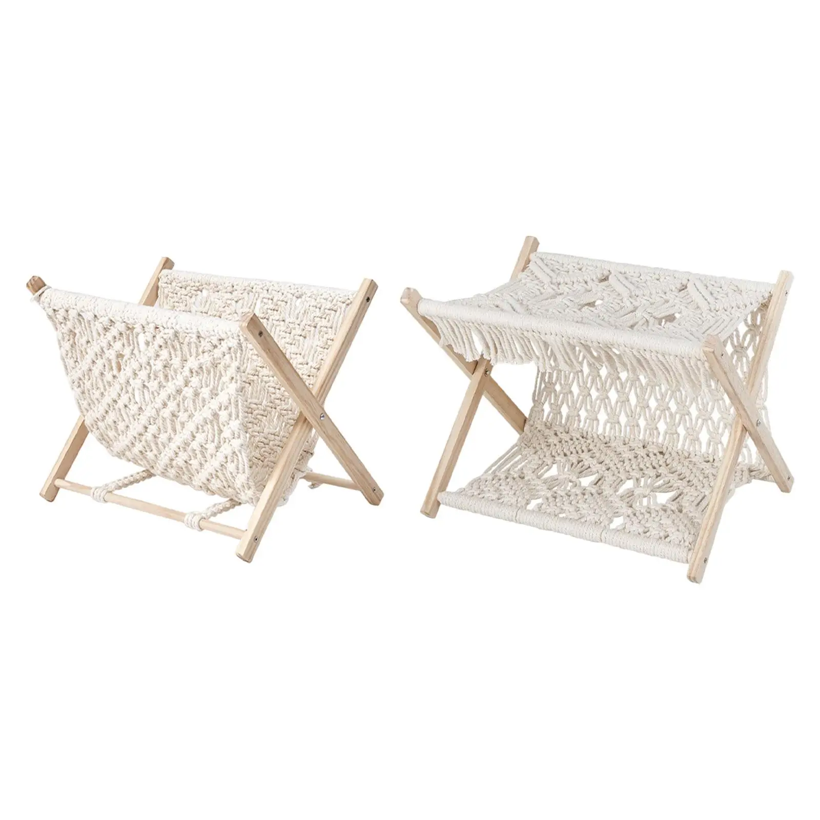 Macrame Magazine Rack Bookshelf Foldable File Rack Decorative Standing Basket for Books Newspapers for Home Decor Nursery