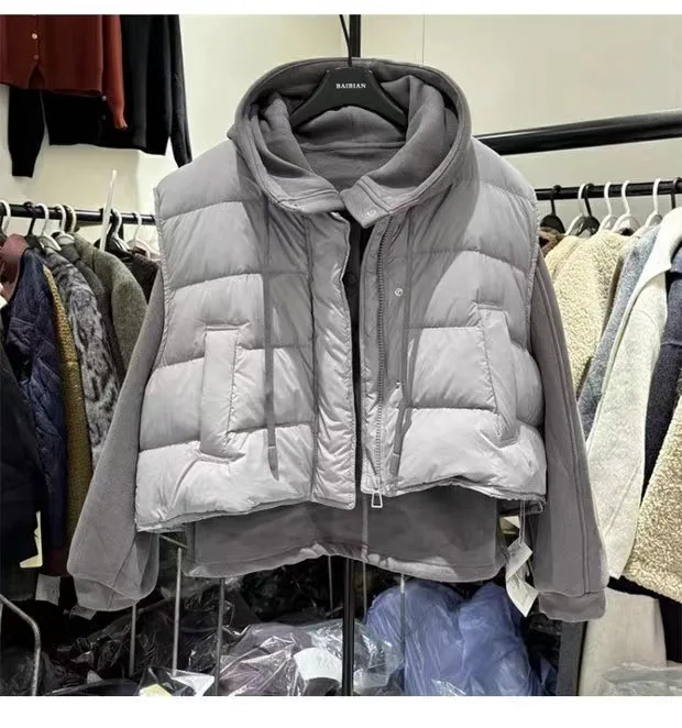 Down Cotton Vests Hoodie 2 Piece Sets Women Hooded Sweatshirt Waistcoat Suit Autumn Winter Ensemble Puffer Parkas Warm Outfits