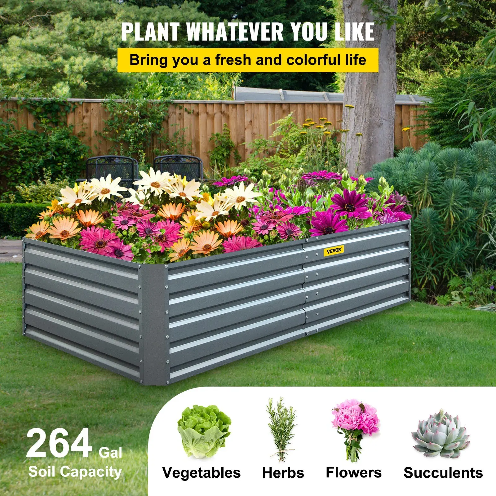 Vevor verzinktes Hochbeet, 80 "x 40" x 19 "Metall Blumentopf Box, graues Stahlwerk Hochbeet Set, Outdoor Blumentopf Box für den Anbau von Gemüse, Blumen, Obst, Kräutern, und Sukkulenten