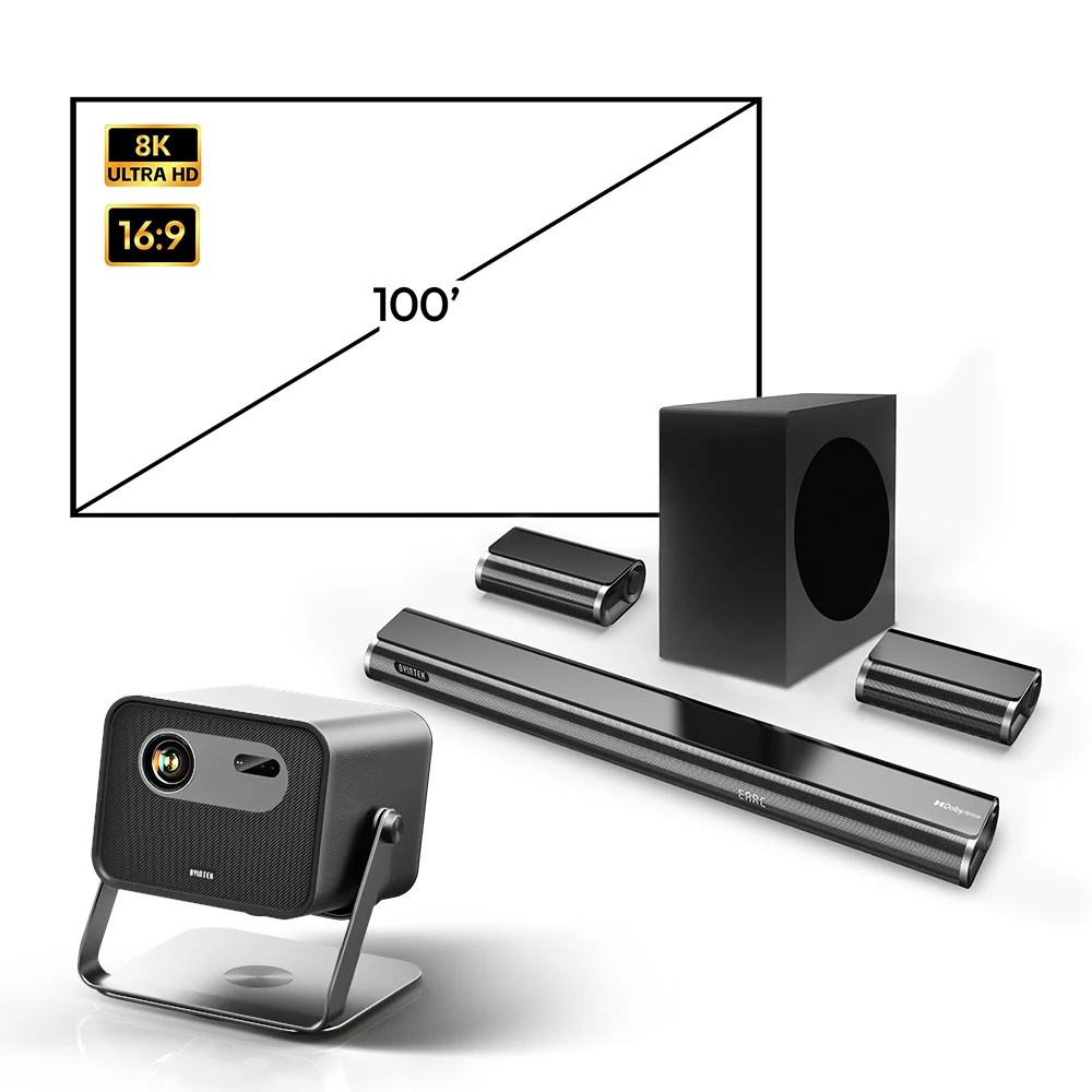 حزمة جهاز عرض المسرح المنزلي BYINTEK، جهاز عرض 2200 Ansi Lumens 4K 1080P مع 100 شاشة وفيلم ساوندو الخارجي