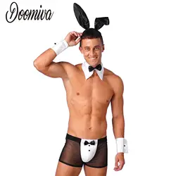 4pcs Mens Bartender Costume Waiter Outfit Erotic Costume Role Play Clubwear Underwear Set Bunny Ears Mesh Boxer Shorts Sexy Suit