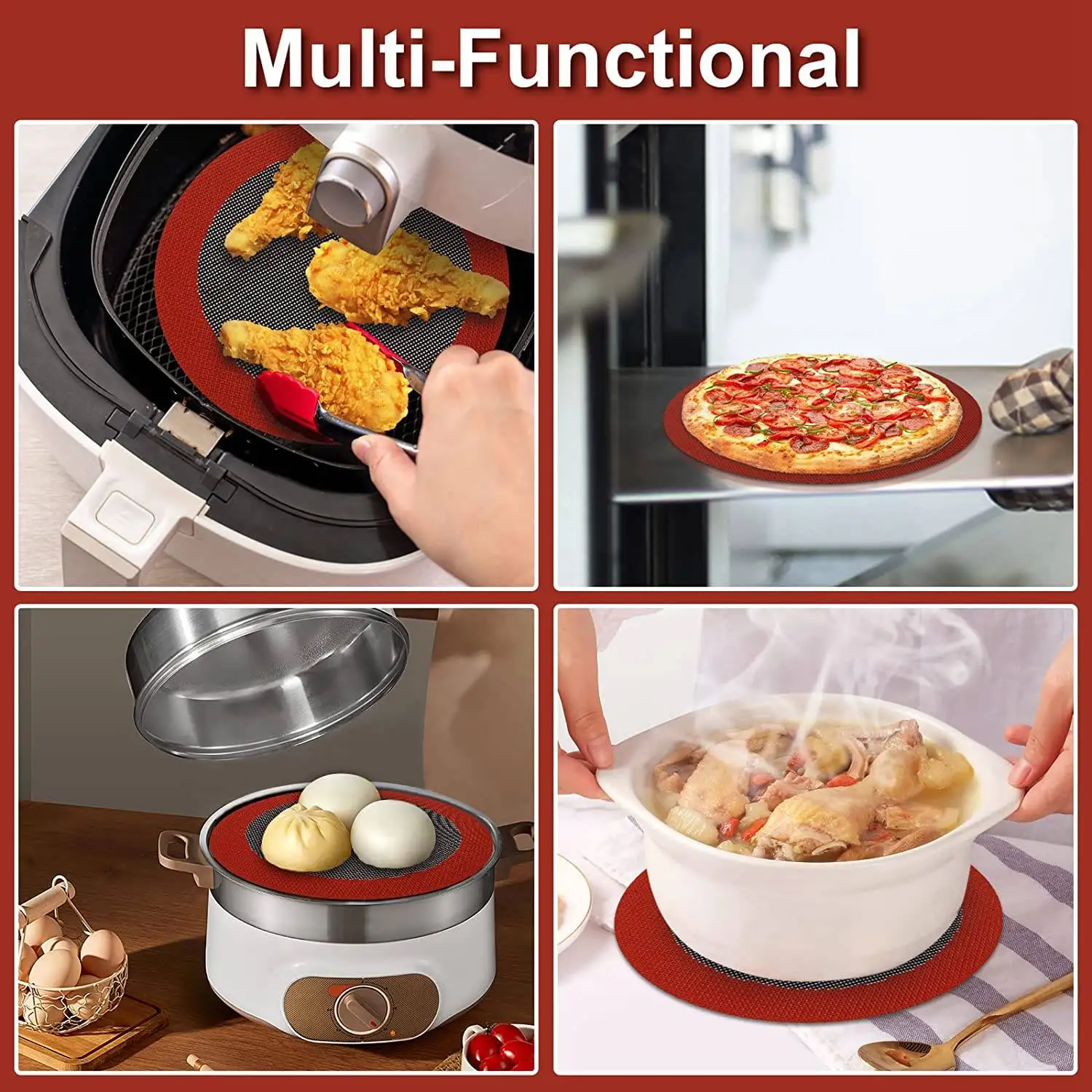 多目的丸型エアフライヤーライナー、再利用可能な焦げ付き防止マット、エアフライヤーバスケット、9インチ