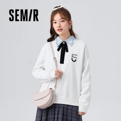 Semir Sweatshirt Women Loose Polar Fleece Round Neck Off-Shoulder 2023 Winter New Versatile Printed Top