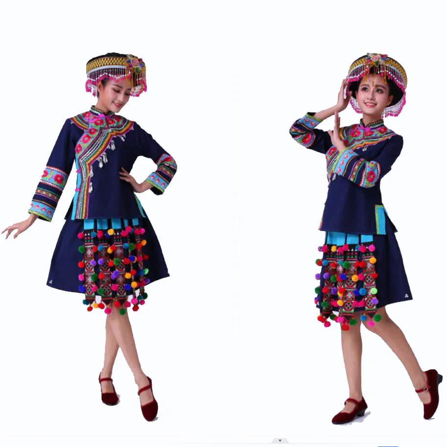 Blue Hmong Miao Clothing Women Stage Costumes For Singers National Festival Performance Dress Chinese Folk Dance Wear