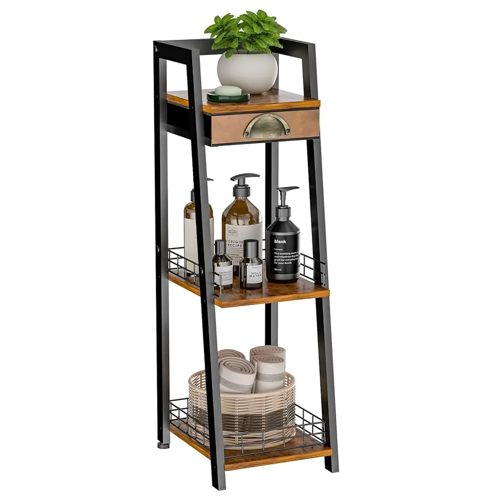 

3-Tier Narrow Bathroom Shelves With Drawer, Bathroom Organizers And Storage, Open Floor Ladder Shelf, Freestanding Tower Slim