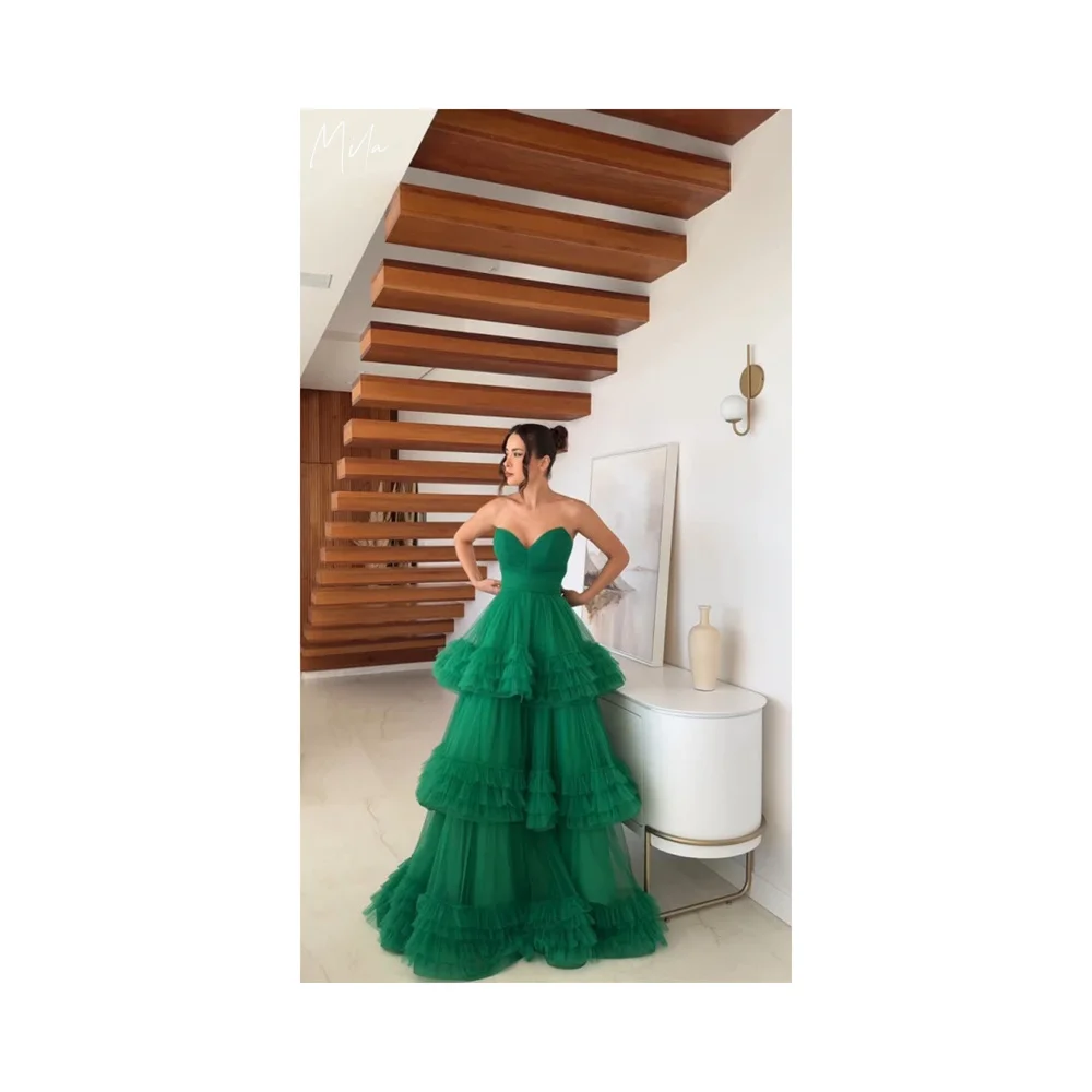 

Mila Green Strapless Simple Prom Dress Sleeveless Customized Luxurious Evening Dresses Fluffy Floor-Length vestidos de fiesta
