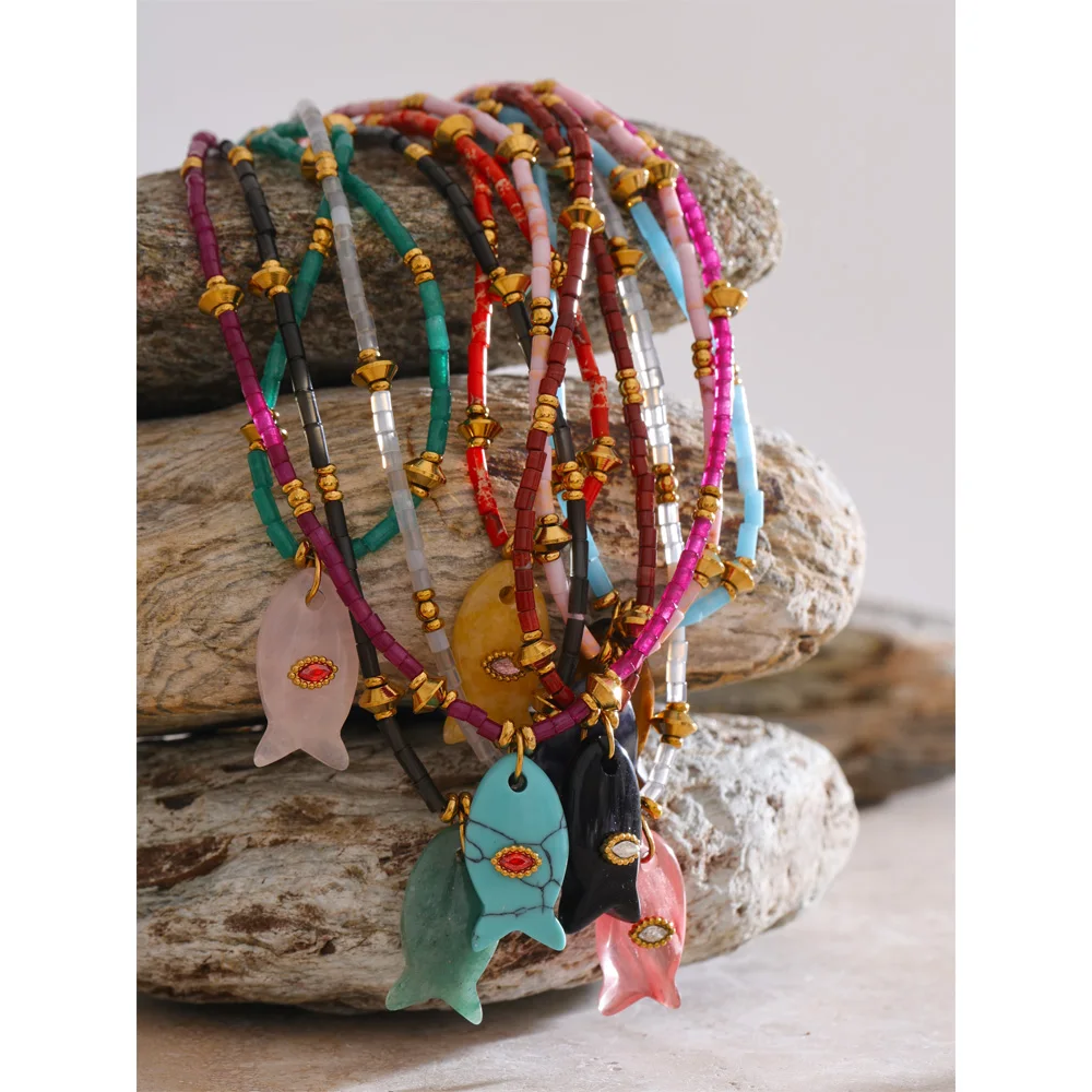 Yhpup Ocean Style Natural Aventurine Agate Turquoise Tiger Stone Fish Pendant Necklace Exquisite Handmade Exclusive Jewelry
