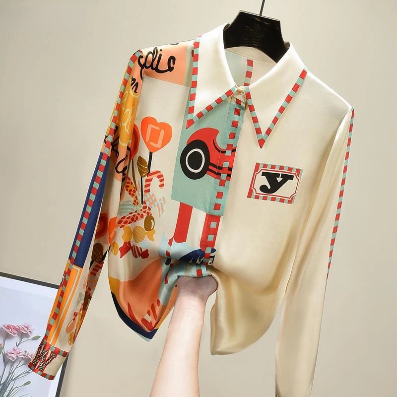 Women's Spring Summer Abstract Printing Chiffon Shirt Long Sleeve Turn Down Collar Blouse for Female Korean Style Causal Shirt