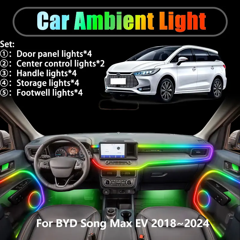 

For BYD Song Max EV 2018~2024 2019 SUV 2/18 in 1 Car ambient lighting Led trunk interior led lights USB RGB Ensemble Streamer