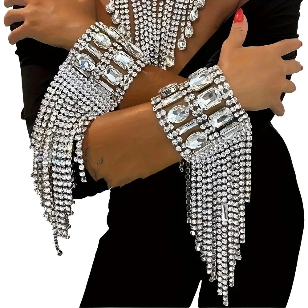 1 stücke Übertrieben Strass Großen Platz Oval Stein Lange Quaste Hand Kette Armband für Frauen Kristall Geometrische Armband Schmuck