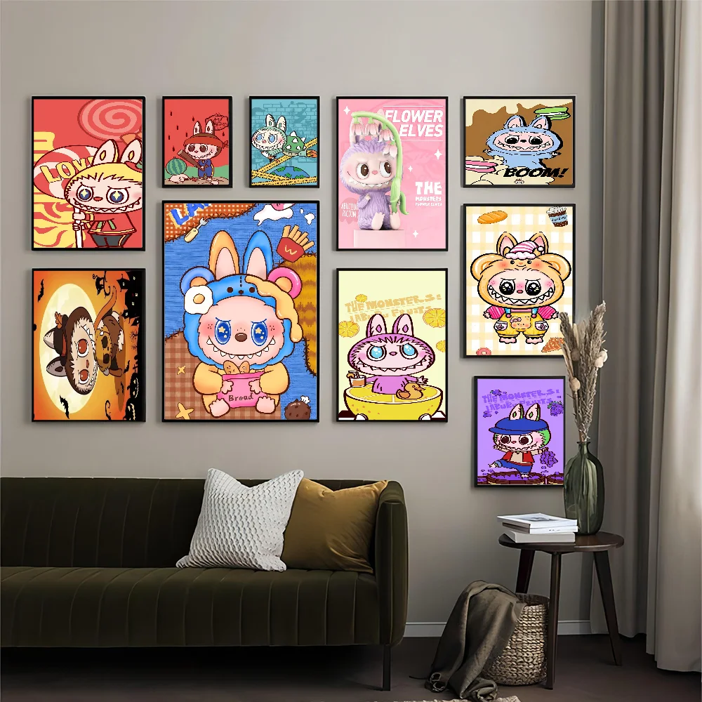 Cartoon L-Labubu Vintage Posters Sticky Retro Kraft Paper Sticker DIY Room Bar Cafe Kawaii Room Decor