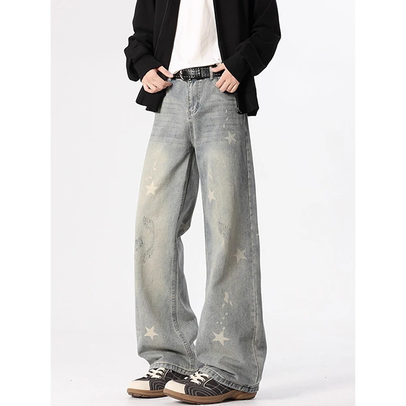 Herren Jeans im amerikanischen Vintage-Stil, Jacquard, Herbst, locker, gerade geschnitten, weites Bein, Denim-Hose, klassisches Blau, Freizeithose