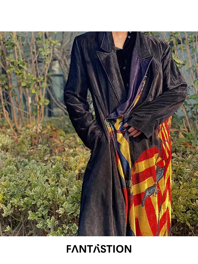 

FANTASTION Original design Velvet Circus-print pattern Long trench coat jacket Overcoat ultra-long Casual coat autumn and winter