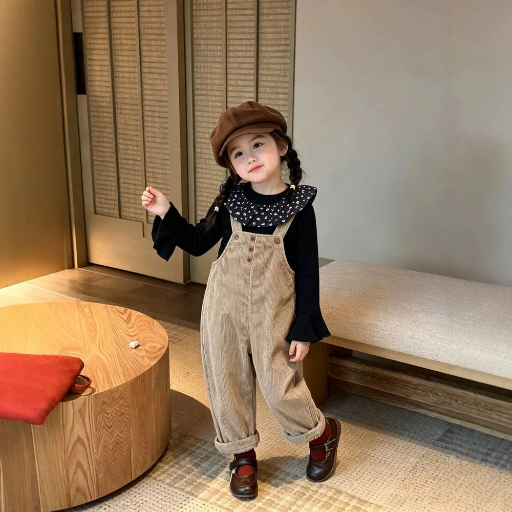 Korean Girls' Overalls Set Autumn Baby Doll Collar Ruffle Collar Base Shirt Corduroy Overalls Two Price Sets