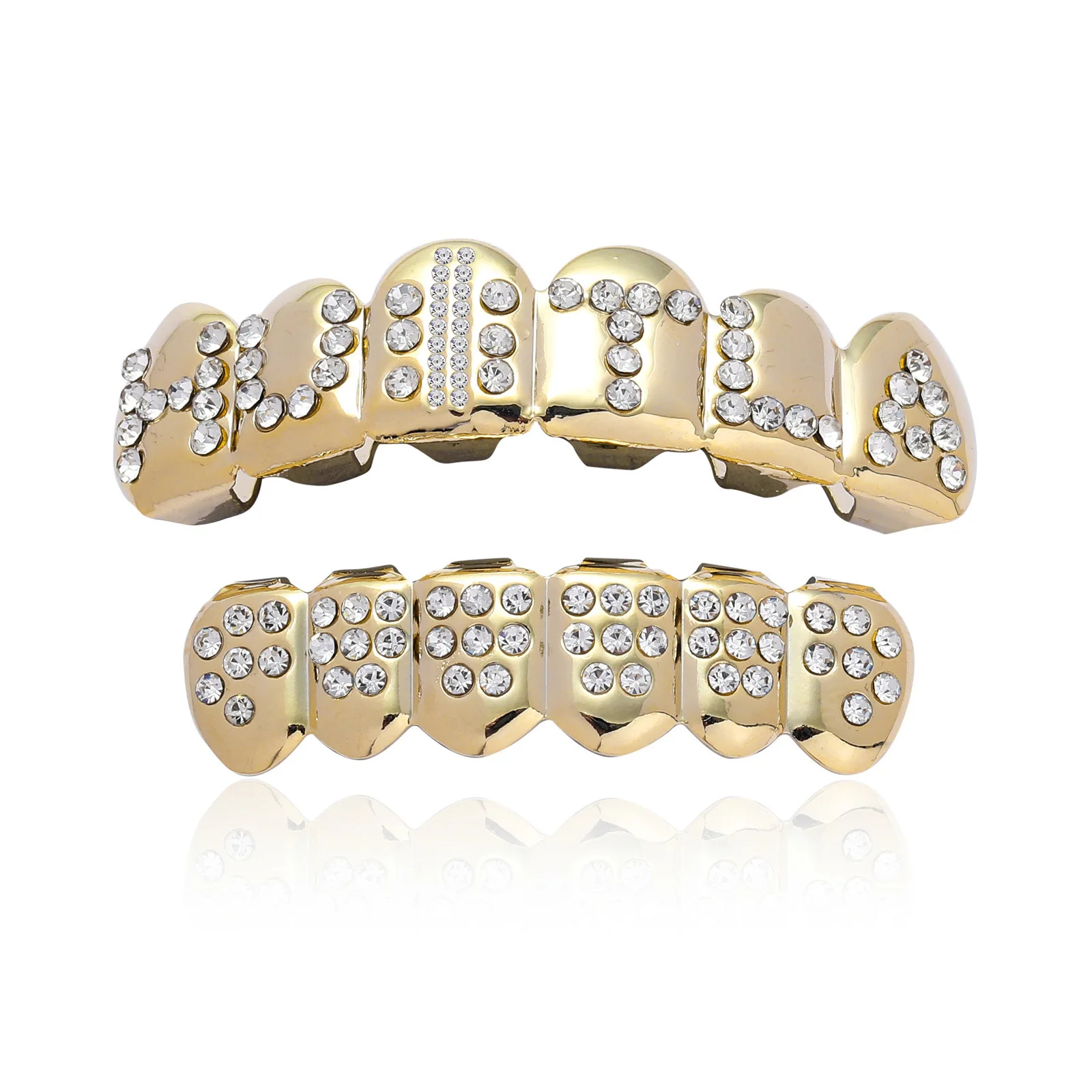 CZ Stones Teeth Grillz Caps Cubic Zircon Iced Out Micro Pave Top&Bottom Charm Grills Set For Men Women Hip Hop Xmas Jewelry