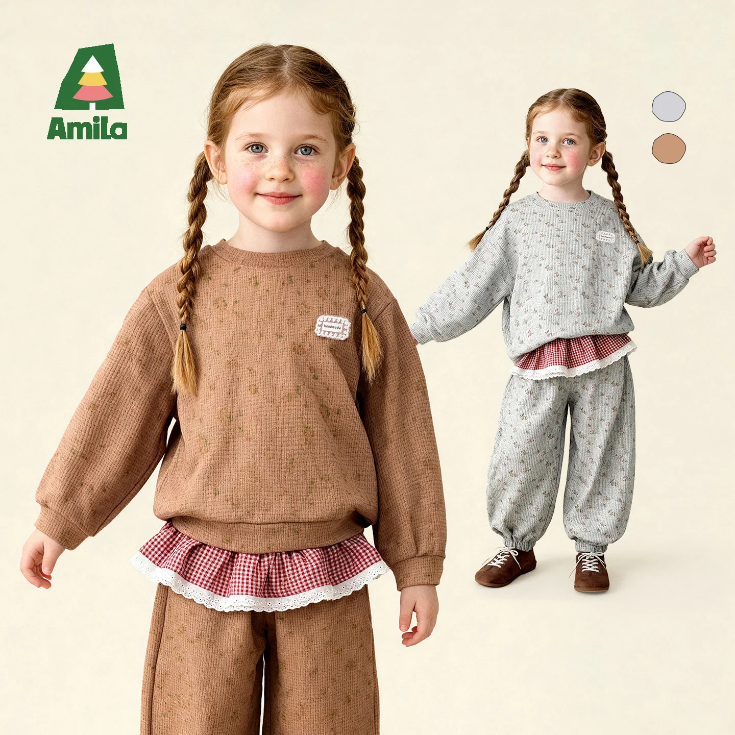 Amila 2026 Spring Children's Floral Casual Set Long Sleeve T-Shirt Leggings Two Piece Set Daily Leisure Home Outerwear