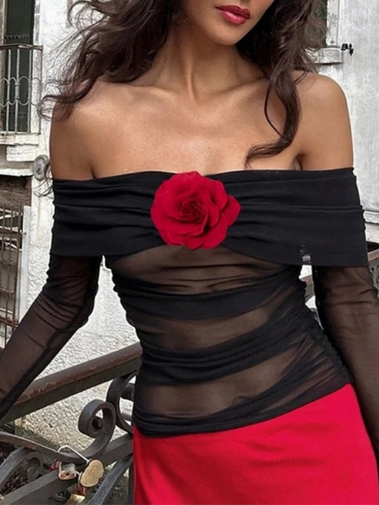 تي شيرت شبكي شفاف للنساء ملابس الشارع الشهير بلوزة سوداء على شكل زهرة Y2k ملابس مكشوفة الأكتاف Camisetas بأكمام طويلة Ropa De Mujer