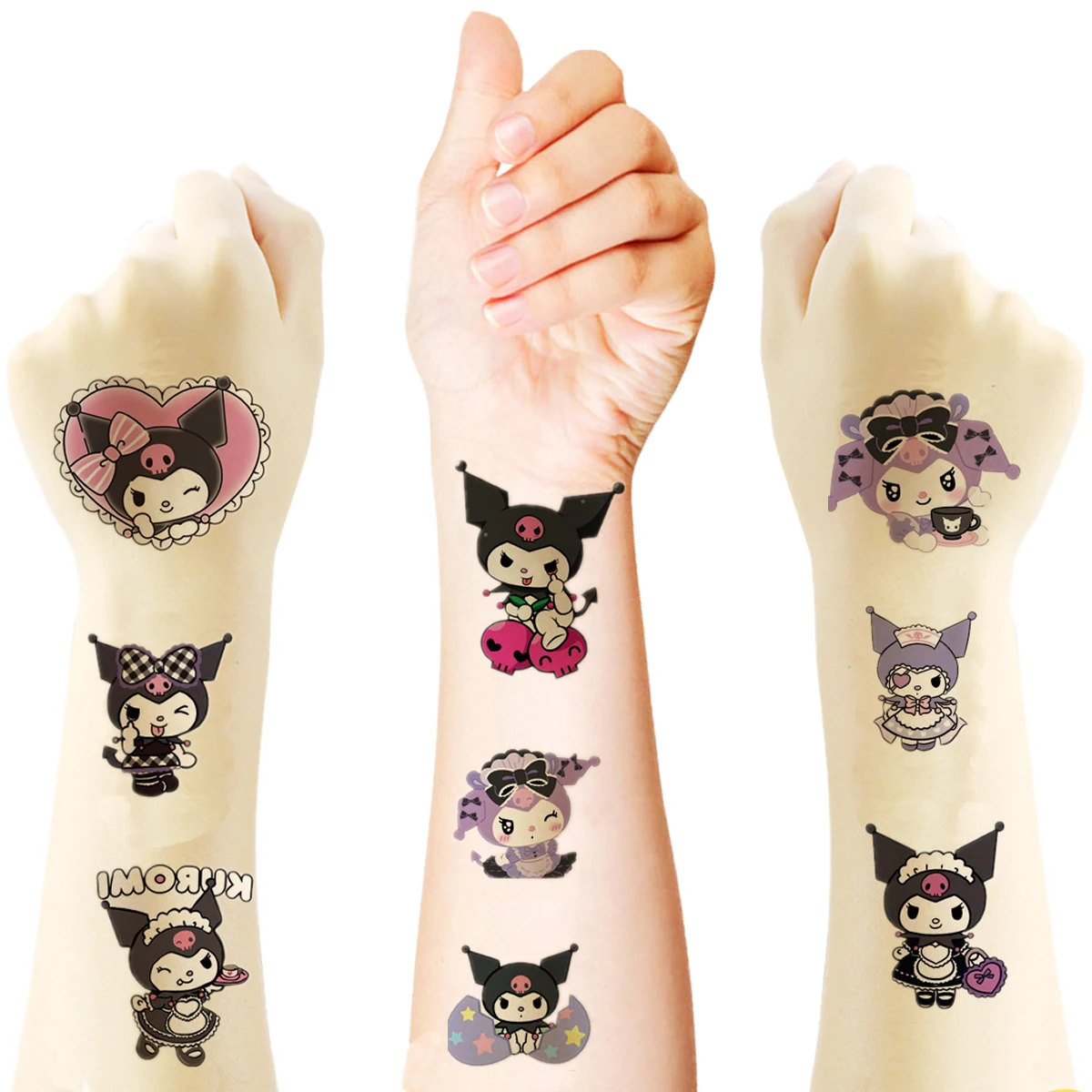 Pegatinas de tatuaje Kawaii 2 piezas Kuromi, calcomanías de dibujos animados de Anime Sanrio, tatuaje temporal a prueba de agua, juguete divertido