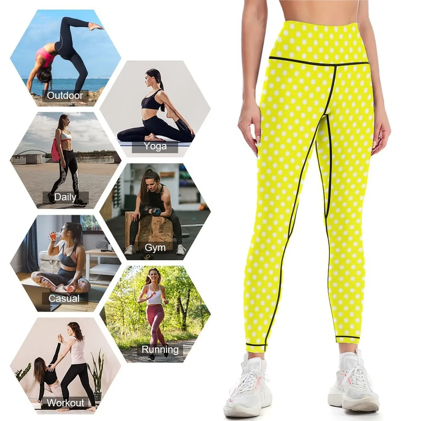 White Polka Dots on Yellow Background Leggings Tight fitting woman trousers for physical flared Womens Leggings - view 4