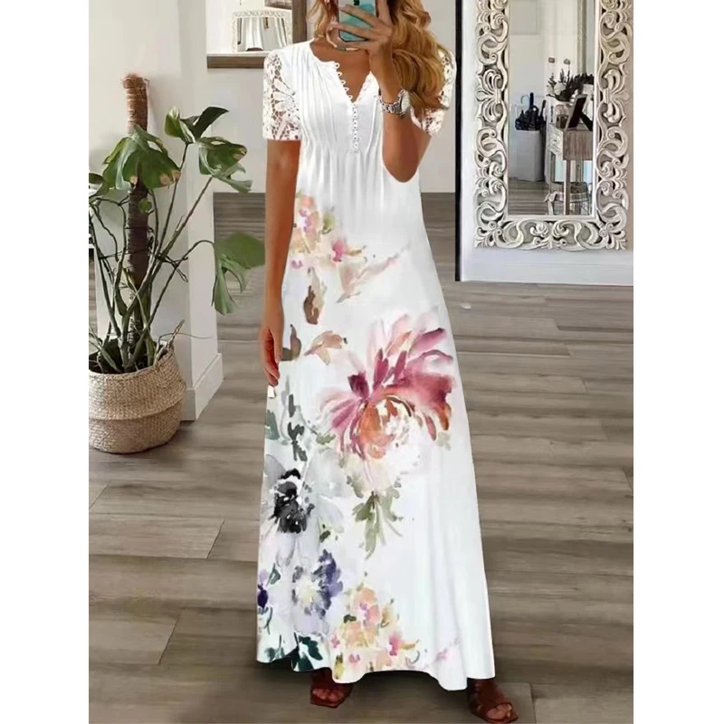 Women Lace Patchwork Floral Print Pleated Elegant Party Long Dresses Summer Trendy V-neck Short Sleeve Beach Maxi Dress Vestidos