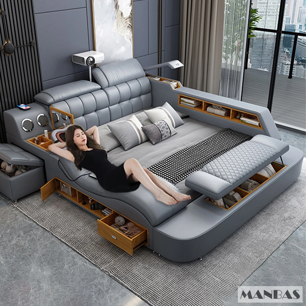 MANBAS Luxury King Size Genuine Leather Bed / Tech Smart Bed / Multifunctional Ultimate Beds / Massage Bed with USB,Projecter