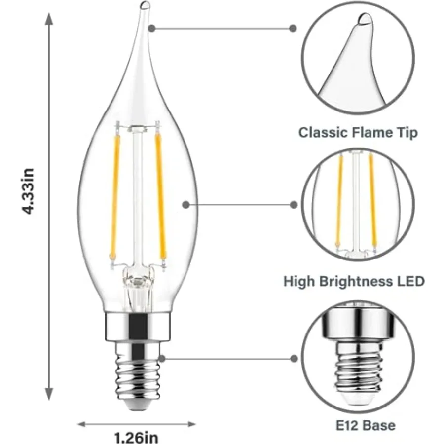 E12 LED Bulb Candelabra Base 60 watt LED Chandelier Light Bulbs Dimmable, Flame Tip Candelabra LED Bulbs, 4.5W, 500LM 5000K, CA