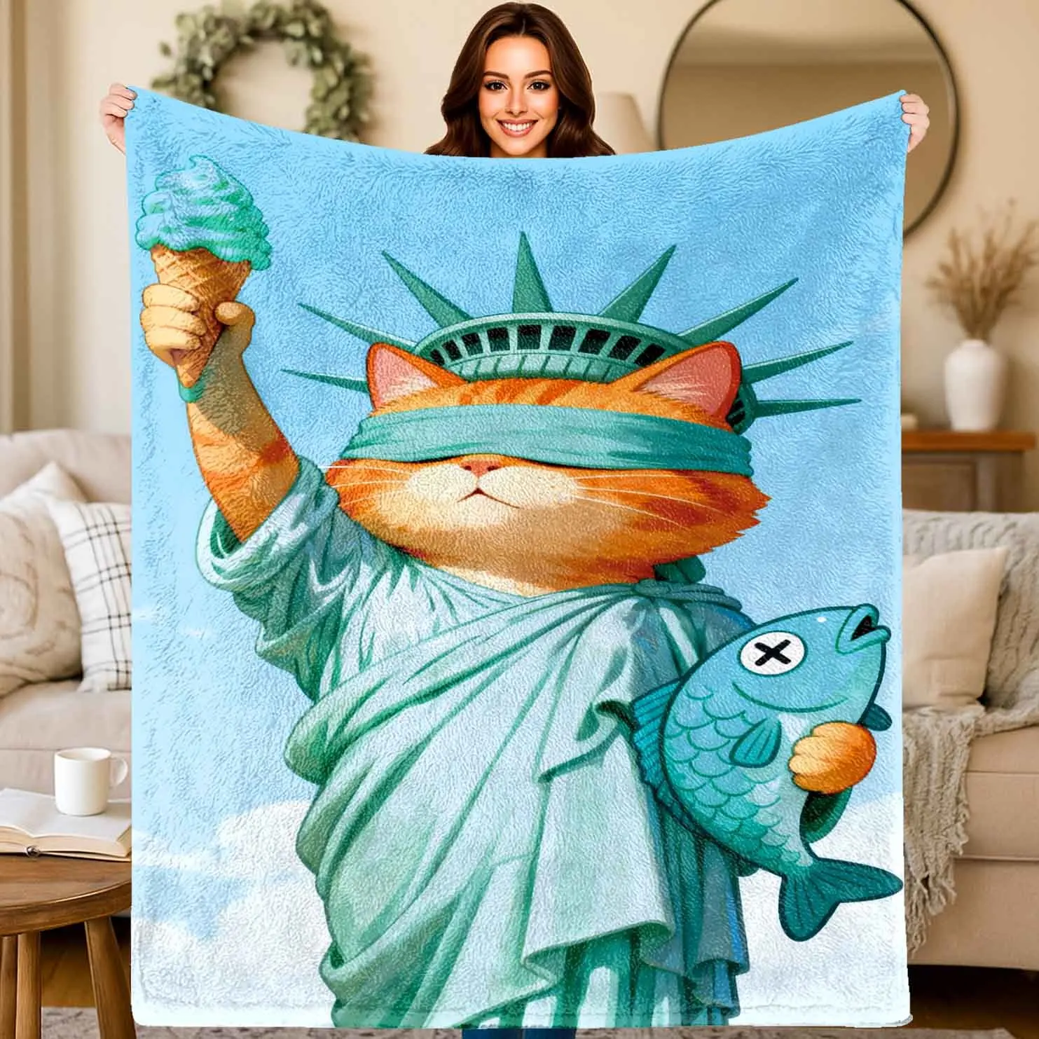 The Liberty Goddess cat pattern Flannel printed blanket suitable for all seasons suitable for living room office sofa and travel
