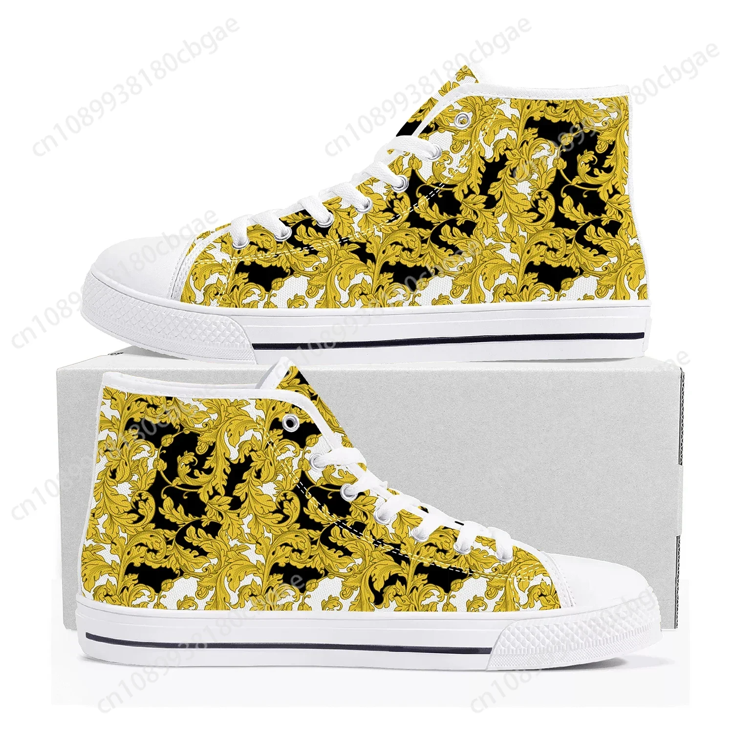 Hot Luxury Golden Floral Prints High Top Sneakers Mens Womens Teenager Canvas Sneaker Baroque European Casual Shoes Custom Shoe