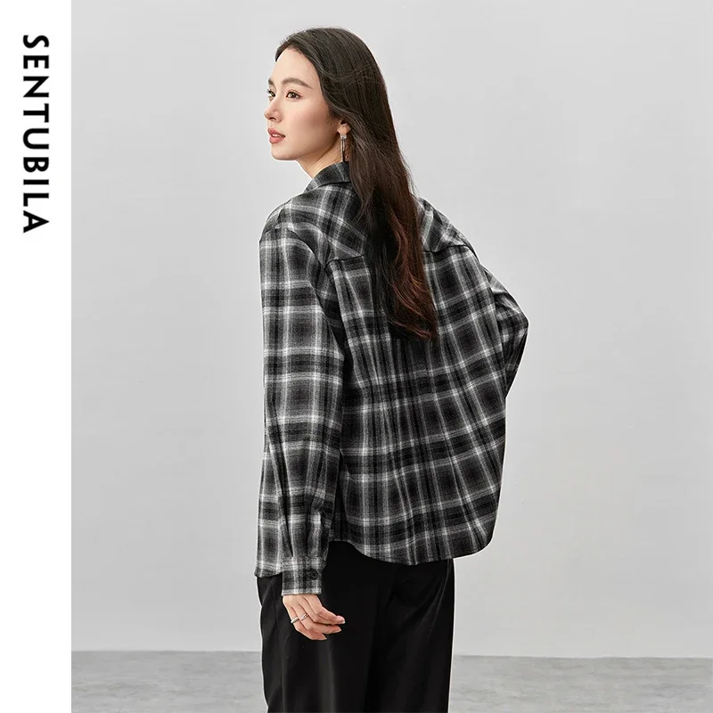 SENTUBILA French Style Plaid Shirts Women 2024 Autumn Winter Casual Spliced Long Sleeve Single Breasted Outerwears 144C57408