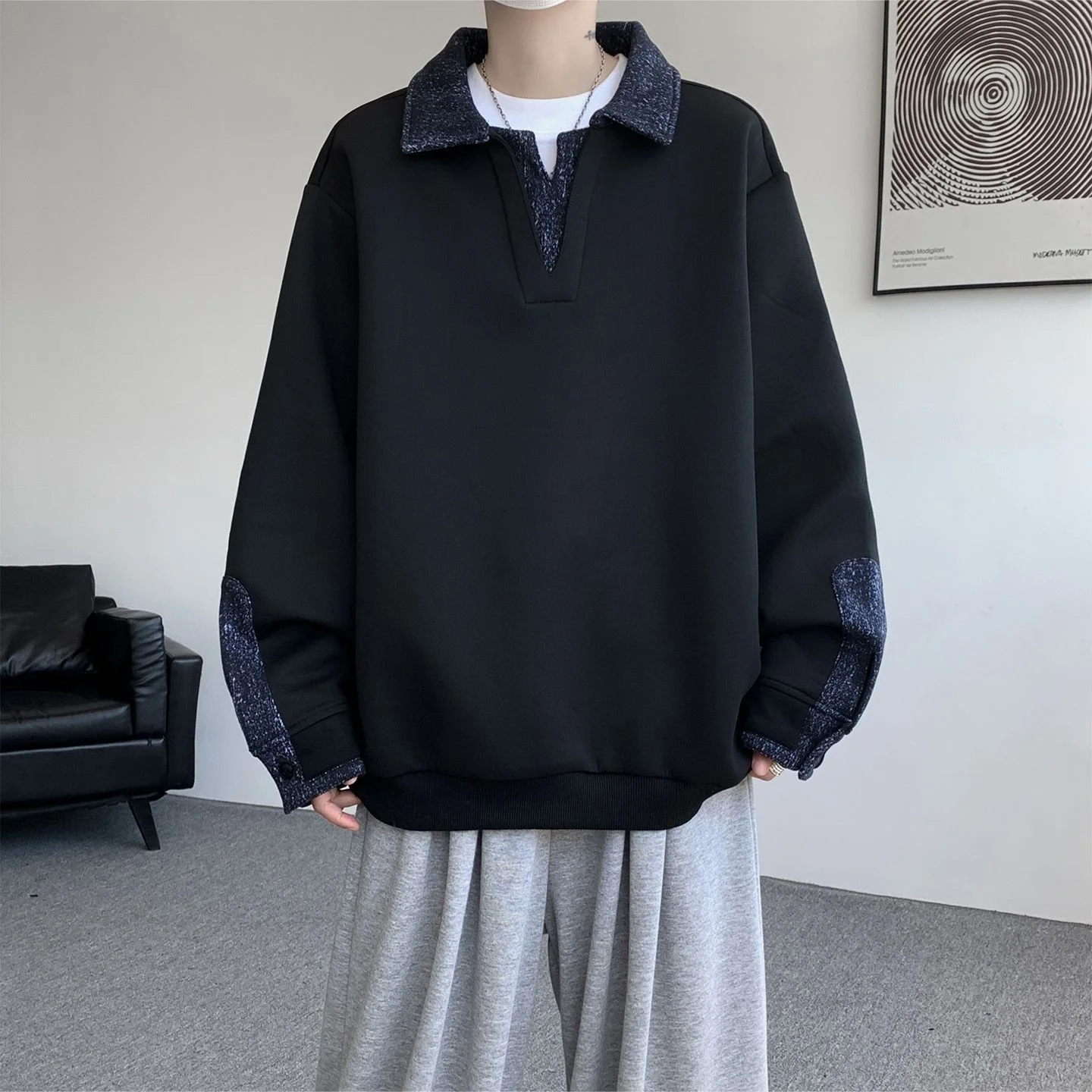 

Mens No Hat Fleece Hoodies Knitted Texture Pattern Weave Fabric Material Quality Craft Handmade Artisan Traditional Original Top