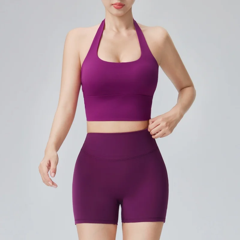 Einfarbiges, verdrehtes Yoga-Oberteil mit schöner Rückenpartie, Fitness-Shorts, Yoga-Set für Damen, Sport- und Laufbekleidung, Yoga-Kleidungsset – Detail 7