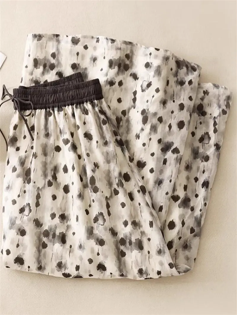 Artistic Retro Cotton And Linen Print Skirt For Women In Summer Elastic Waist Drawstring Big Size Double Layer Retro Skirt g098