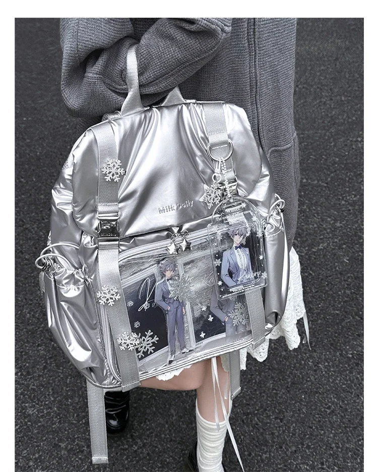 Silver Ita Backpack PU Clear Window Display Backpack Large Capacity Lolita Daypack for Anime Collect Pins Badges