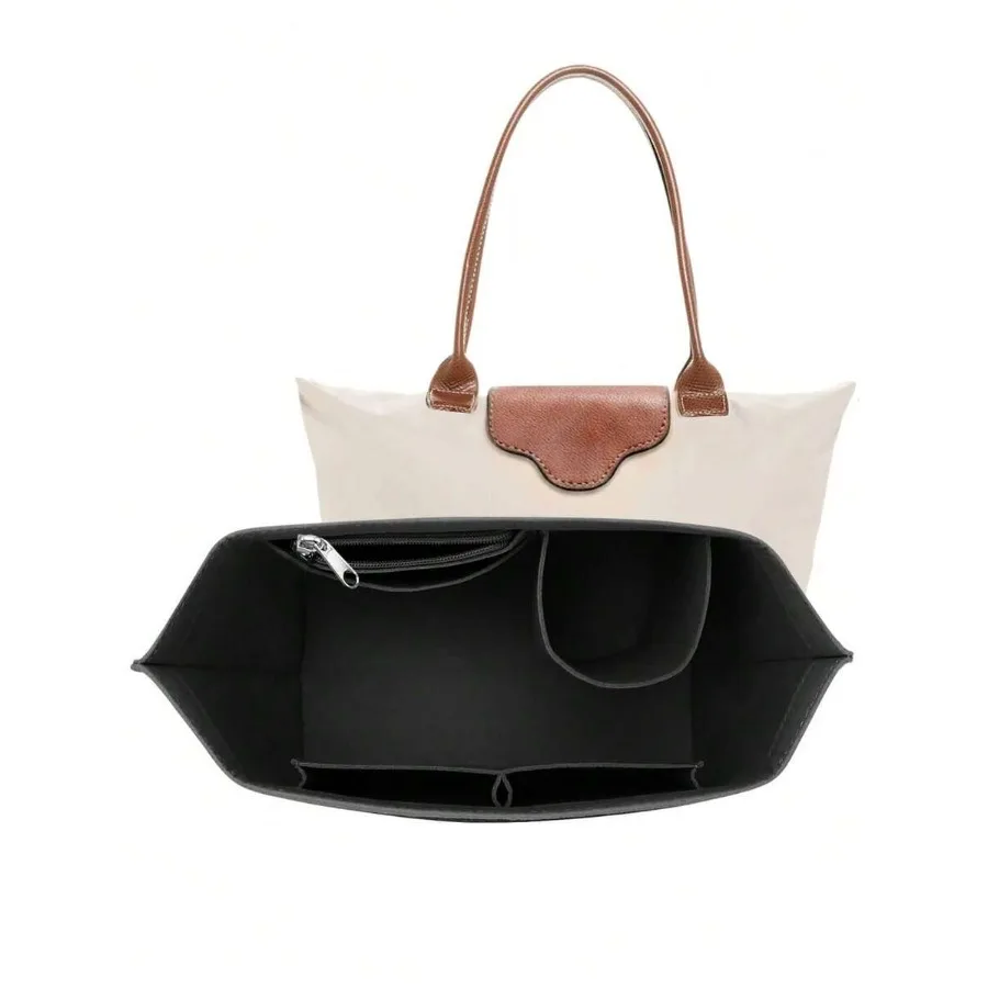 Felt Bag Liner With Zipper For Le Pliage L Tote And M Handbag, Long Champ Bag Organizer Insert With Cup Holder, Women Purse Sha