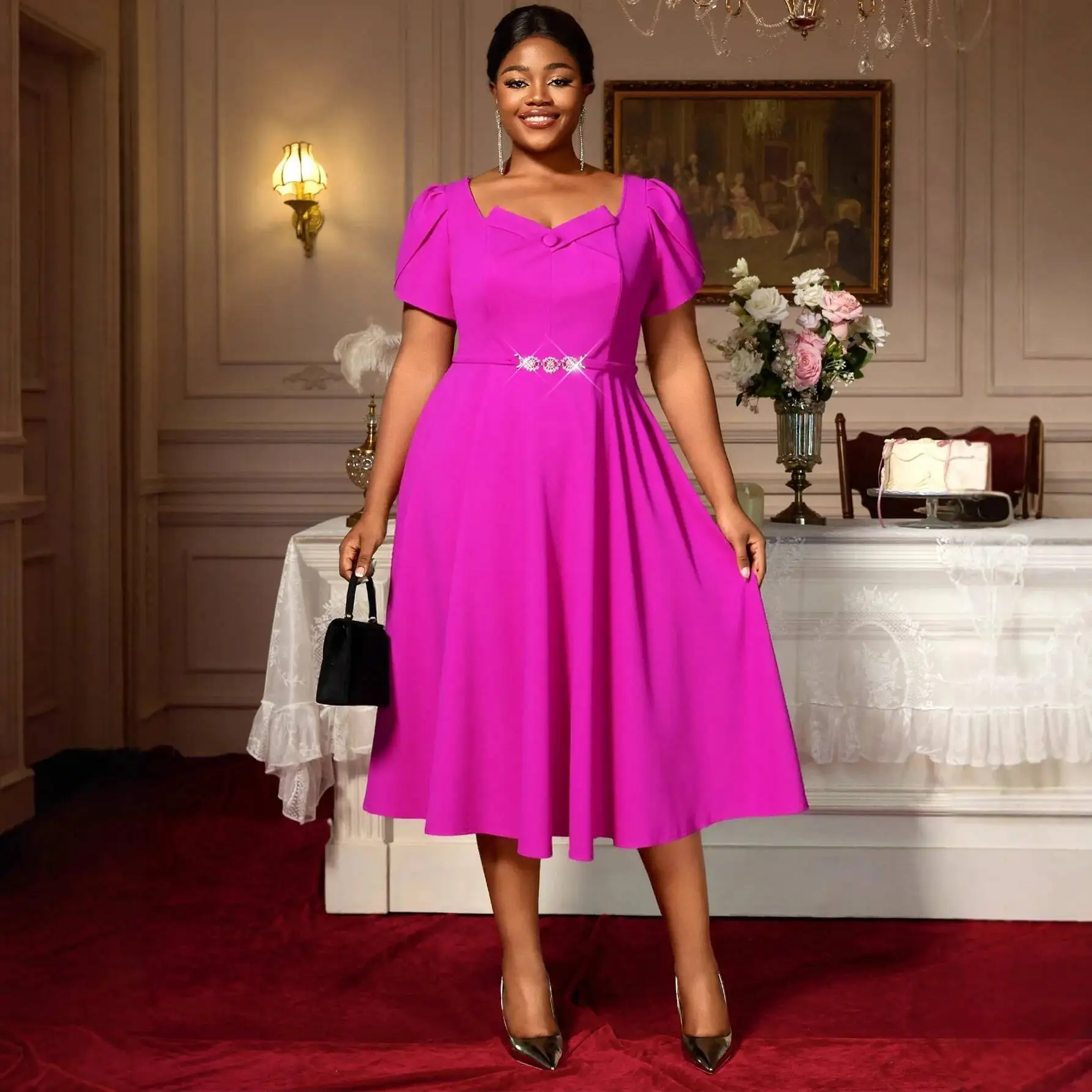 

Plus-size Women's Dress With Square Neckline And Puff Sleeves, Slimming, Embellished With Diamonds, Waist-cinching, Elegant Y2K