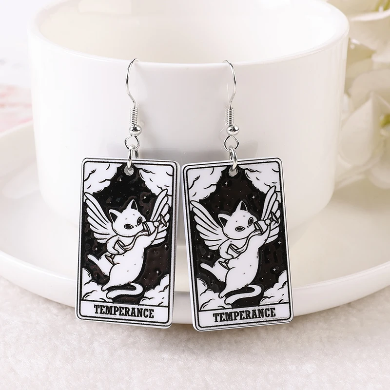 Pendiente de gota de gato blanco y negro, Charms de tarjeta de Tarot, sol, luna, estrella y los amantes, tarjeta de adivinación, regalo de joyería de moda, 1 par