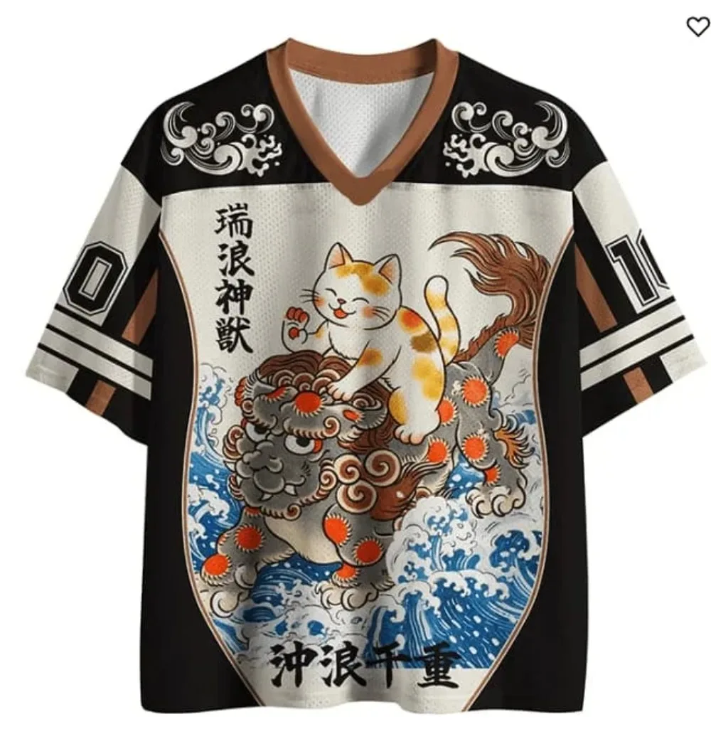 T-shirt à col en V pour hommes, impression 3D japonaise Ukiyo-e Lion-dancing Waves, respirant, à séchage rapide, mode streetwear, vêtements parent-enfant
