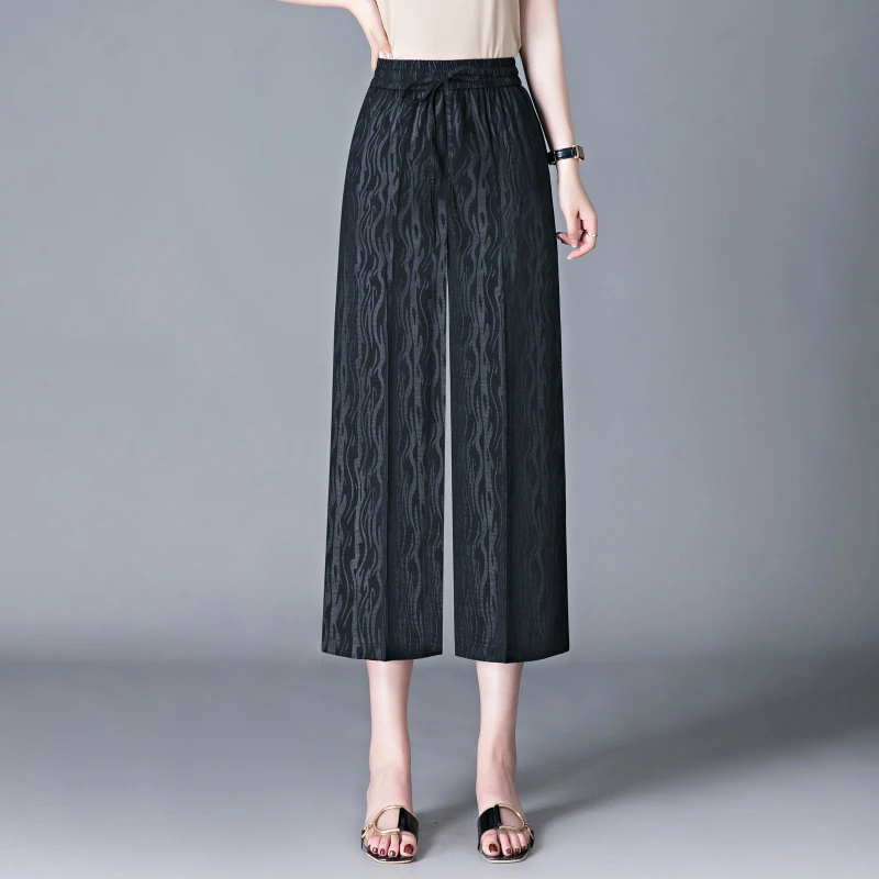 Summer New Fashion Casual Loose Wide Leg Pants Women Solid Elastic High Waist Drawstring Pocket Thin Versatile Straight Trousers