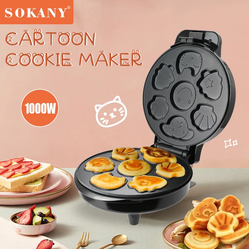 Mini Waffle Maker Electric Cookie Maker Cartoon Biscuit Breakfast Machine with 7 Pan Animal Shaped Pancake for Kids 220-240V