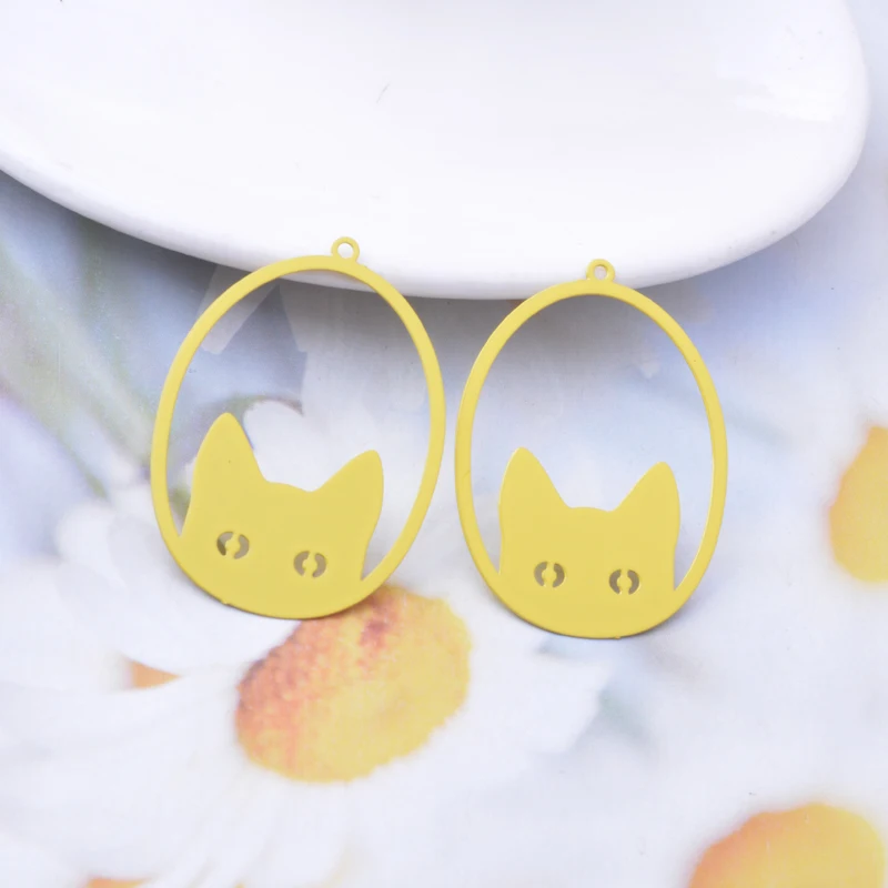 30pcs AD3485 Filigree oval-shaped Eyes Of Cat Charms Earring Metal Brass Yellow Green Thin Pendant DIY Jewelry Earring Making
