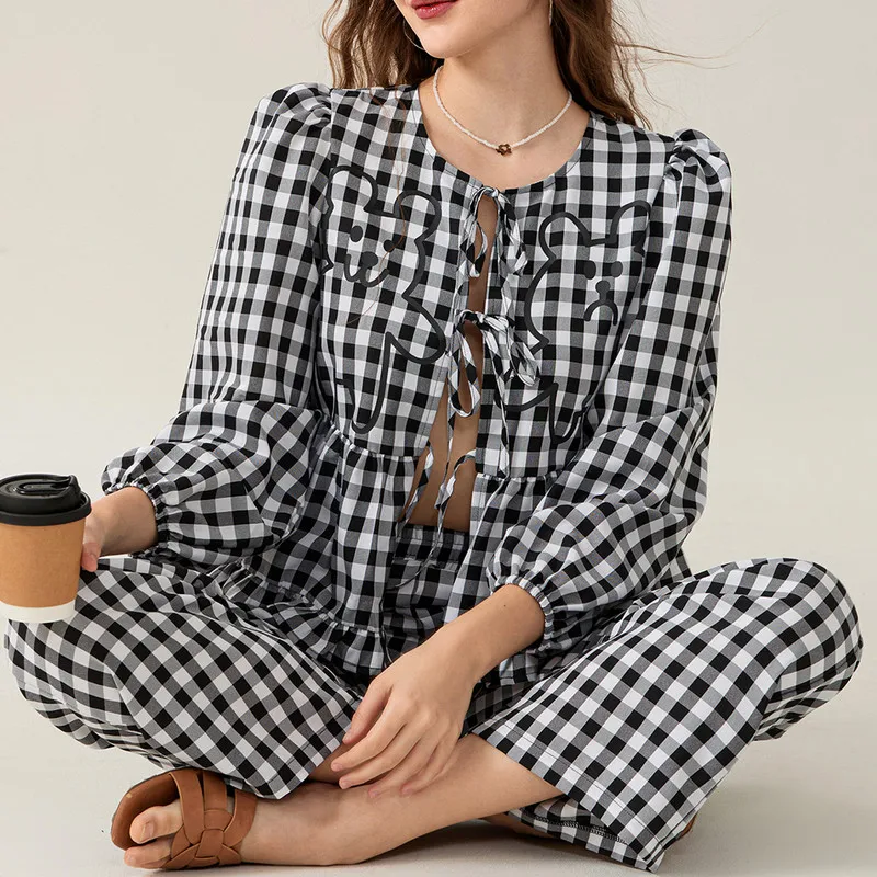 WPNAKS Women 2 Piece Pants Sets Spring Autumn Clothes Sleepwear Plaid Tie-Up Front Long Sleeve Tops Elastic Waist Long Pants