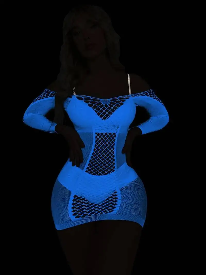 Blue Light Glowing Sexy Short Dress Elegant Bodycon Night Light Mesh Hollow Sexy Long Sleeve Off-Shoulder Mini Dress Tops DA6J