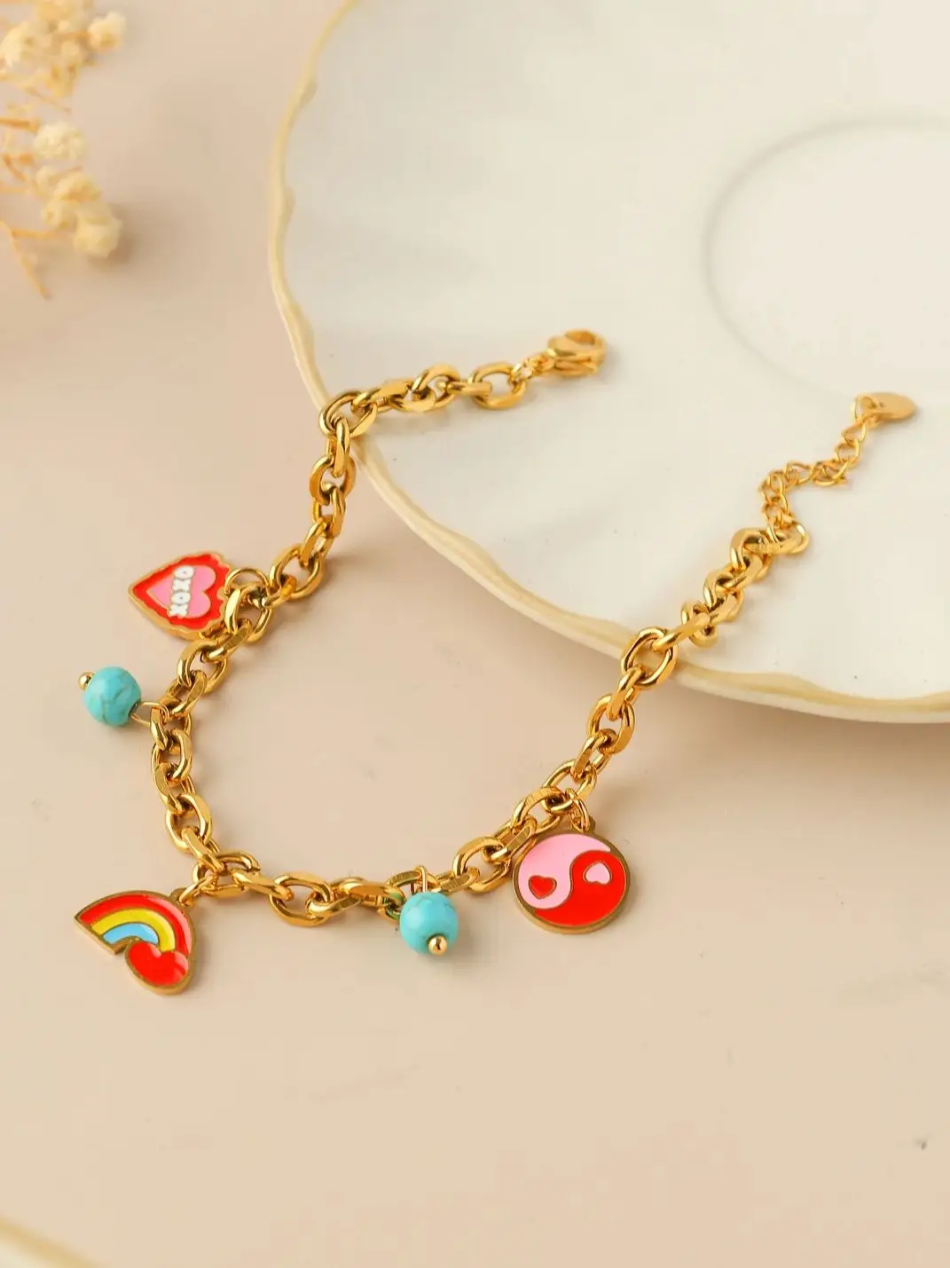 

DIY Stainless Steel Love Heart Turquoise Rainbow Pendant Bracelet Suitable for Ladies Girls Trendy Cute Hand Jewelry Gift Party