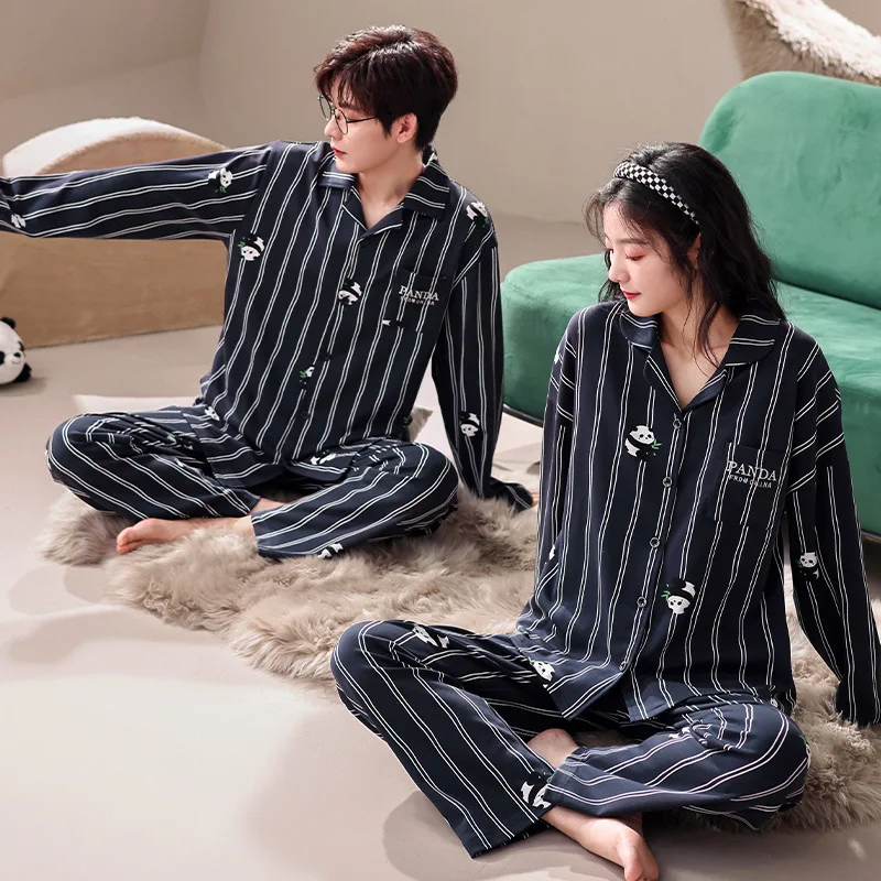 Cotton Couple Pajamas Men Women Spring Long Sleeve Cardigan Lapel Sleepwear Plus Size Home Cloth Nightwear Male Female Pjs mujer