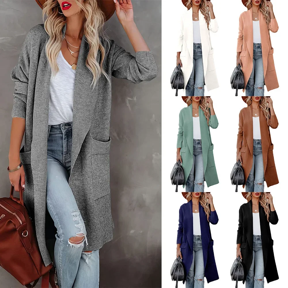 

Women Jackets Cardigan Solid Color Long Sleeve Coats Autumn Casual Slim Fit High Street Outerwear Pockets Turn Down Collar 2024